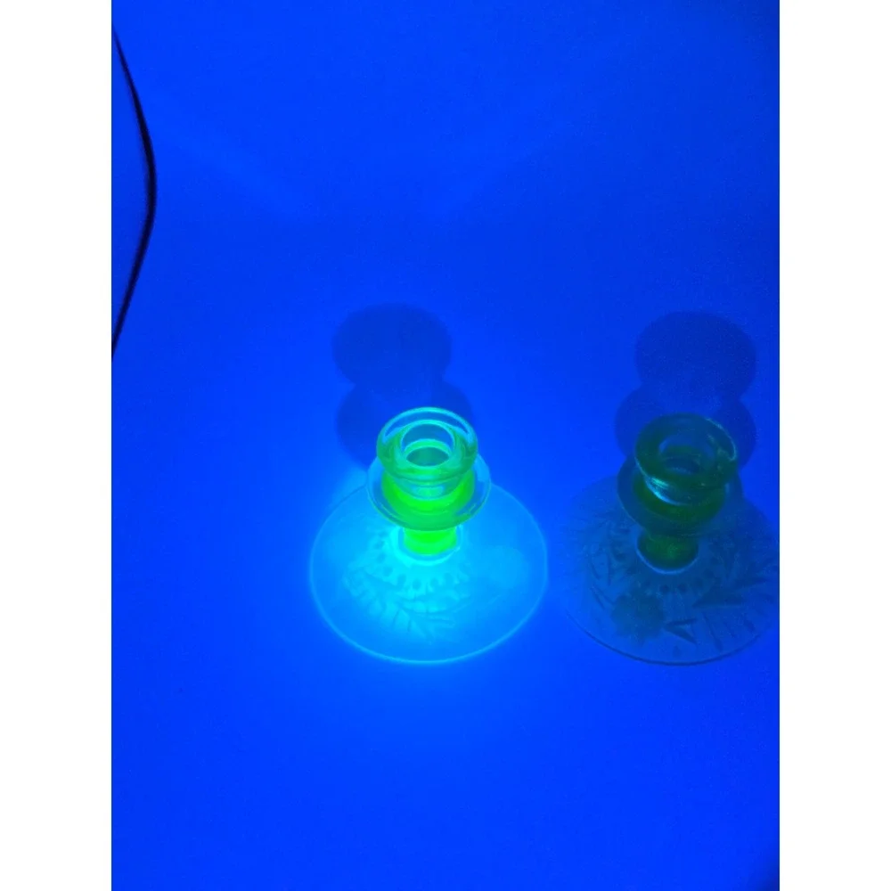 Stunning Pair of Etched Uranium Glass Candlesticks!‎